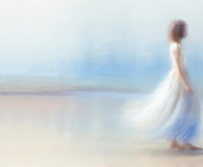 A painting of a silhouette of a woman in a white dress walking