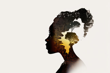 Semi-transparent profile of a black woman with afro hair and a beautiful landscape inside of her. Thinking about the paradise. Generative AI - obrazy, fototapety, plakaty