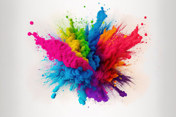 Happy Holi colorful background. Festival of colors, colorful rainbow holi paint color powder explosion isolated white wide panorama background.