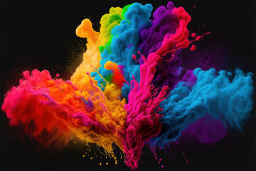 Happy Holi colorful background. Festival of colors, colorful rainbow holi paint color powder explosion isolated white wide panorama background.