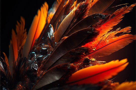 Abstract red glowing feather closeup up macro view background. Magic bird phoenix burning Plumage texture