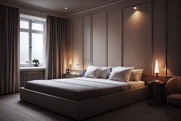 Luxury modern style bedroom, Interior of a hotel bedroom. Generative AI illustration
