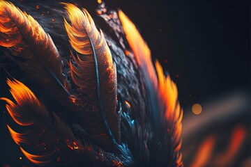 Abstract red glowing feather closeup up macro view background. Magic bird phoenix burning Plumage texture