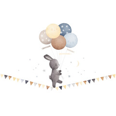 Cute bunny walks on a garland of flags. Watercolor illustration. Circus show. Bunny with balloons.