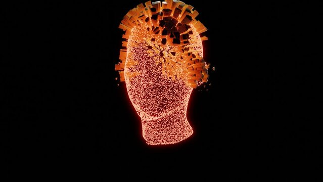 4k video animation of abstract sci-fi Virtual Human Head formation and deformation with two layers one is of bright red neon particles and another one is solid skin color cracked material.