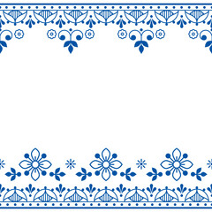 Scandinavian folk art outline vector greeting card and seamless texttile pattern, navy blue retro design with flowers 
