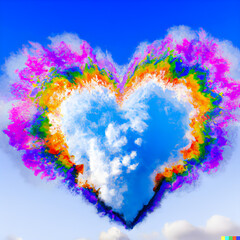 Colorful heart shape cloud explosion in the blue sky. Beautiful heart shape cloud made with Generative AI.	