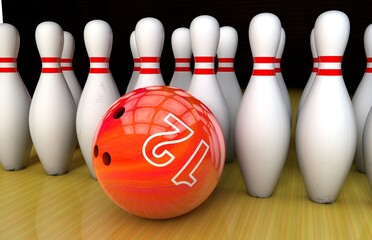 A group of bowling pins stands near a bowling ball on a lane 3D render