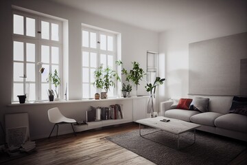 Naklejka na ściany i meble mock up poster frame in boho interior background, wooden living room design, Scandinavian style. Generative AI illustration