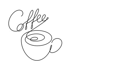 Cup of coffee and coffee logo. Word, text. Hot. Aroma of coffee. Continuous line drawing. Sketch.