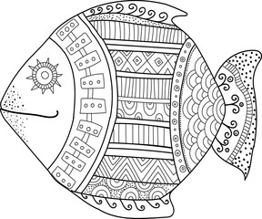 Decorative fish, drawn with a black outline. Vector file for designs.