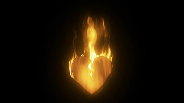 Abstract fiery burning in a flame loving heart broken from love with a crack on a black background. Video 4k, motion design