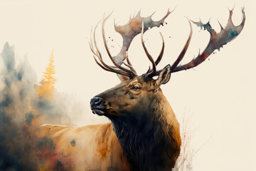 Digital watercolor painting of an elk. Generative AI

