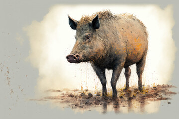 Digital watercolor painting of a boar. Generative AI
