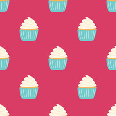 Seamless pattern with delicious cupcake in cartoon style. Vector background with sweets, dessert, pastries