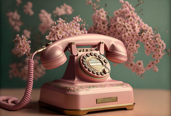 An pink old phone, flowers. Generative AI.
