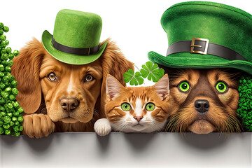 Puppies and Cat Peeking Over White Banner on St Patricks Day - AI Generative