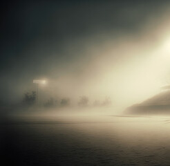football field with heavy fog during nightime