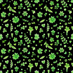Watercolor green floral pattern. Flowers, hearts, stars, leaves and berries, isolated on a black background.  Seamless pattern. - 566569358