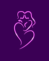 Couple in heart, hug. Neon brush line symbol
