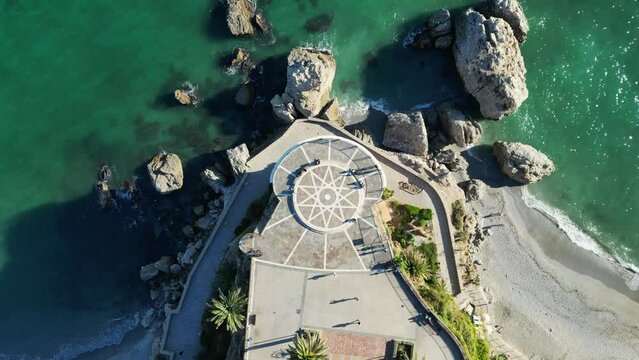 Nerja Balcon de Europa in Malaga, Costa del Sol, Andalusia, Spain - Aerial 4k Birdseye