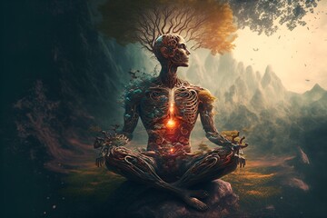The Peace Within: An Illustration of a Skeletal Man Meditating in a Natural Landscape