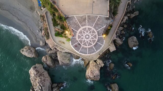 Nerja Balcon de Europa in Malaga, Costa del Sol, Andalusia, Spain - Aerial 4k Birdseye Zoom out