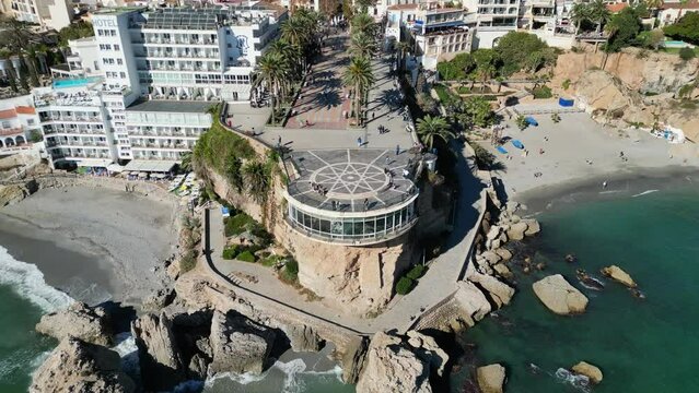 Nerja Balcon de Europa in Malaga, Costa del Sol, Andalusia, Spain - Aerial 4k Reveal Tilting Up