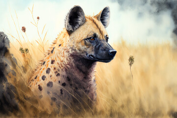 Obraz premium Digital watercolor painting of a hyena in Africa. Generative AI 