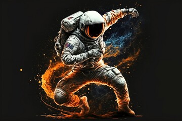 Fototapeta premium Cosmic Groove: An Illustration of an Astronaut Dancing Alone with a Color Splash in Space