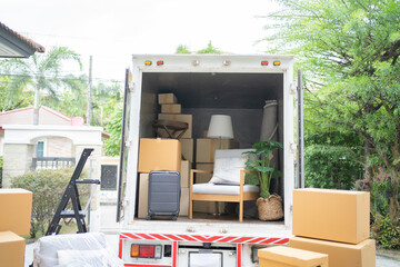 Truck car moving house for customers, delivering boxes and furniture. Vehicle transportation....