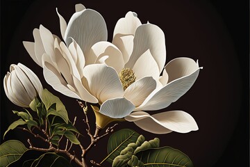  a large white flower with green leaves on a black background with a black background and a white flower with green leaves on a black background.  generative ai