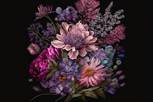  a painting of a bouquet of flowers with purple and blue flowers on a black background with a butterfly on the top of the bouquet and a butterfly on the bottom of the.  generative ai