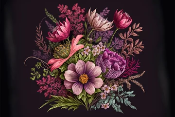 Draagtas  a painting of a bouquet of flowers on a dark background with leaves and flowers in the center of the bouquet, with a purple background of purple and pink.  generative ai © Anna
