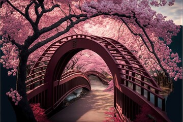  a painting of a red bridge with pink flowers on it and a river running under it with trees in blooming in the foreground.  generative ai