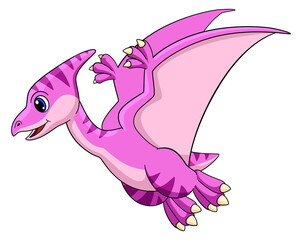 Cartoon pterodactyl. Pink dinosaur. Reptile creature mascot © LadadikArt