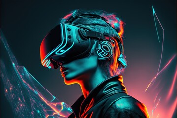 Caucasian woman in futuristic vr headset and glowing network, created using generative ai technology