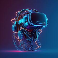 Cyborg head of cables in mask and vr headset, created using generative ai technology