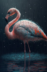 Beautiful wet pink flamingo in the rain. Generative AI.
