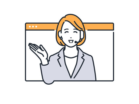 recommend clip art: オンラインで接客をする女性オペレーターのシンプルなベクターイラスト素材