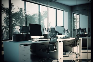 Fototapeta premium Modern office interior with desks, computers and window created using generative ai technology