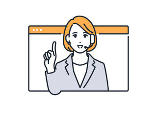 オンラインで説明をする若いビジネスウーマンのシンプルなベクターイラスト素材