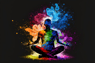 buda yoga chakra zen Happy Holi colorful background. Festival of colors, colorful rainbow holi paint color powder explosion isolated white wide panorama background. - obrazy, fototapety, plakaty