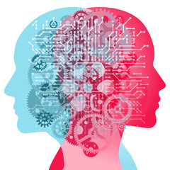 A Male and Female side silhouette profile overlaid with various semi-transparent Machine Gears shapes. Centrally positioned is CPU and electronic circuit board pattern.