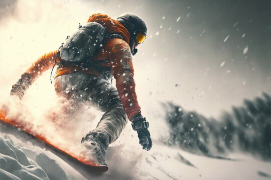 snowboarder on the slope - snowboarder action illustration - snowboarder on board snowboarding