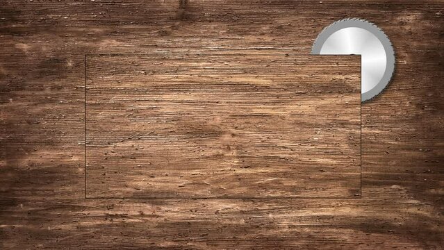 Circular saw cuts a window in a wooden board. Green background for copy. Construction carpentry tool. Animated 4K video.