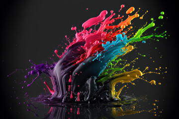 Colorful paint splashes isolated on black. Rainbow bright colors. Generative AI