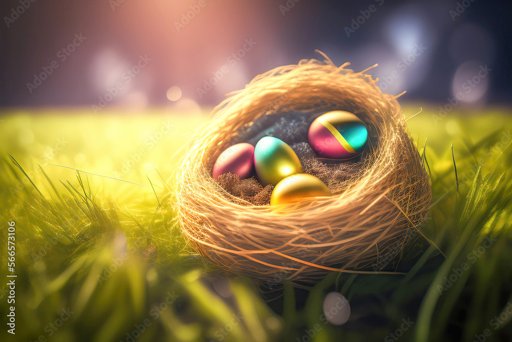Poster Multi-colored painted Easter eggs in a nest on a forest glade in the grass on a bright sunny day. Generative AI.