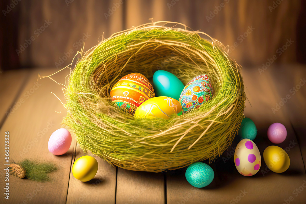 Aufkleber multi-colored painted easter eggs in a nest on wooden floor on a bright sunny day. generative ai.