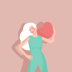 Banner with woman in pink dress, hugging pink heart. Happy Valentine's Day. Flat vector illustration.